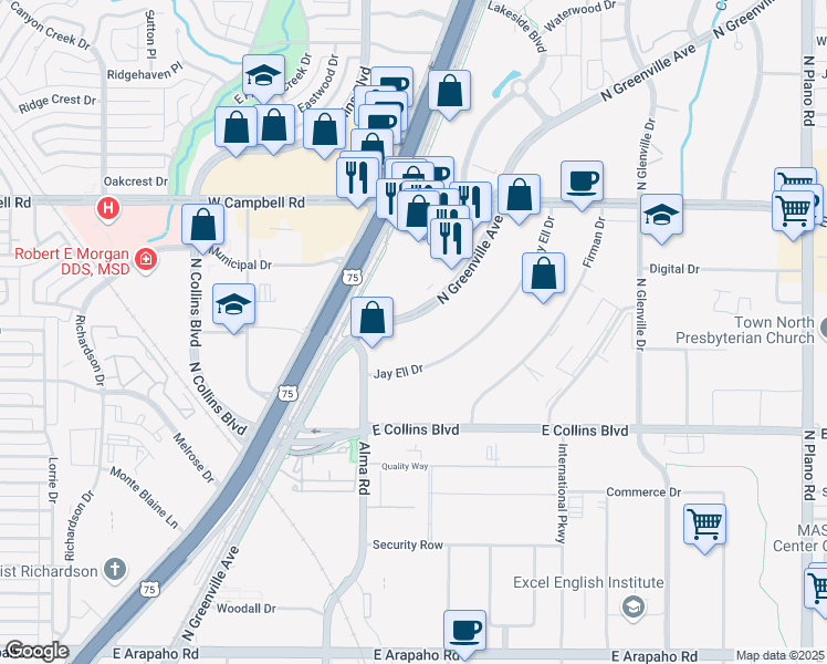 map of restaurants, bars, coffee shops, grocery stores, and more near 1748 North Greenville Avenue in Richardson