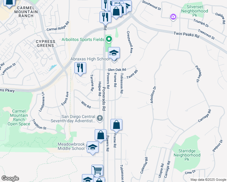 map of restaurants, bars, coffee shops, grocery stores, and more near 14130 Frame Road in Poway