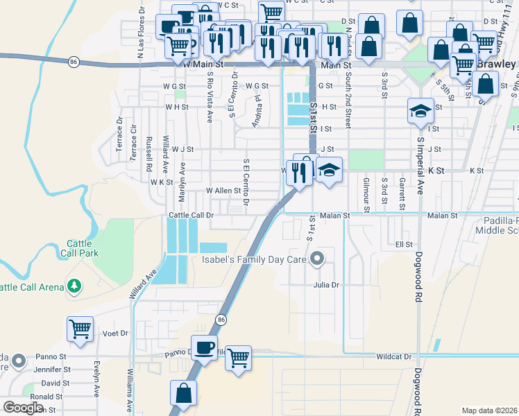 map of restaurants, bars, coffee shops, grocery stores, and more near 231 Canal Road in Brawley