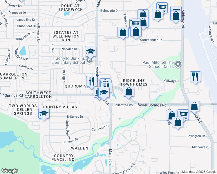 map of restaurants, bars, coffee shops, grocery stores, and more near 2925 Keller Springs Road in Carrollton