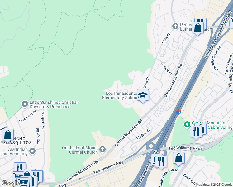 map of restaurants, bars, coffee shops, grocery stores, and more near 10606 Bernabe Drive in San Diego