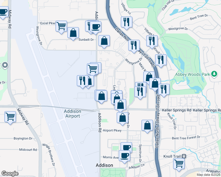 map of restaurants, bars, coffee shops, grocery stores, and more near 16301 Ledgemont Lane in Addison