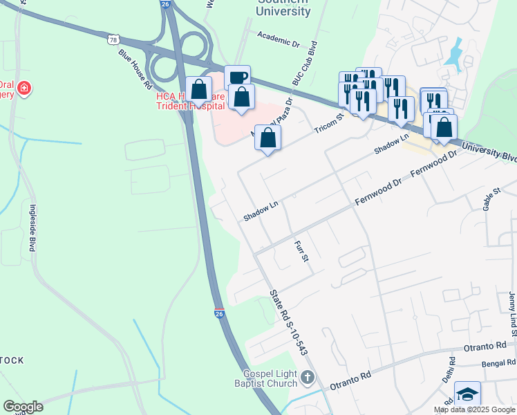 map of restaurants, bars, coffee shops, grocery stores, and more near 2916 Shadow Lane in North Charleston