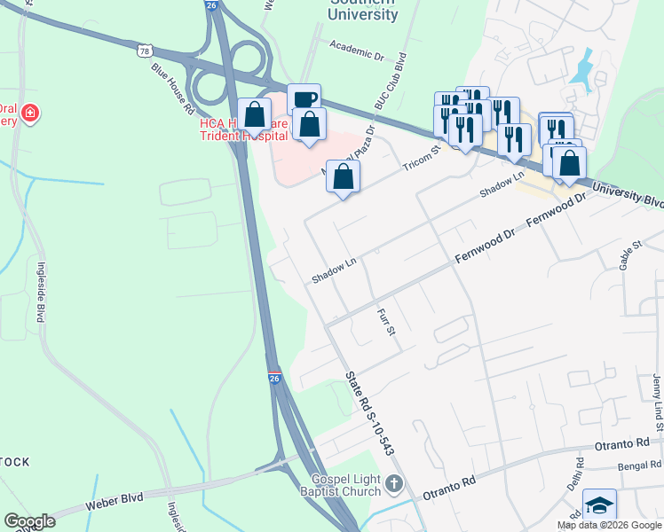 map of restaurants, bars, coffee shops, grocery stores, and more near 2900 Shadow Lane in North Charleston