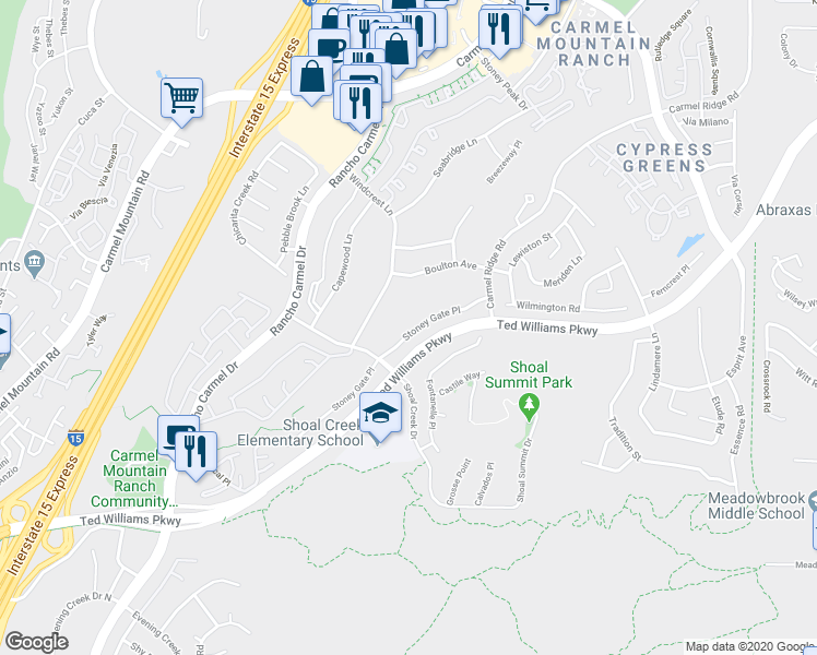 map of restaurants, bars, coffee shops, grocery stores, and more near 14112 Stoney Gate Place in San Diego