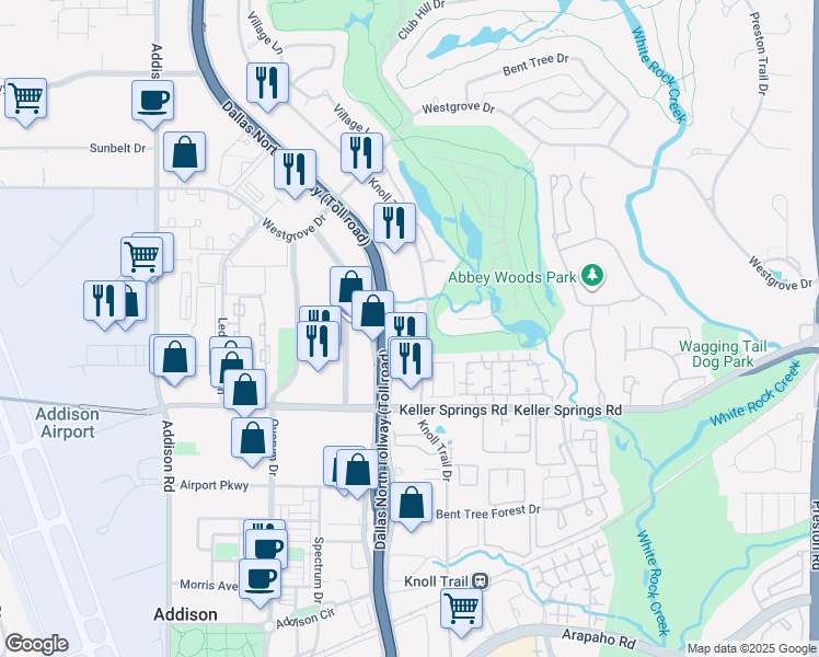 map of restaurants, bars, coffee shops, grocery stores, and more near 15935 Knoll Trail Drive in Dallas