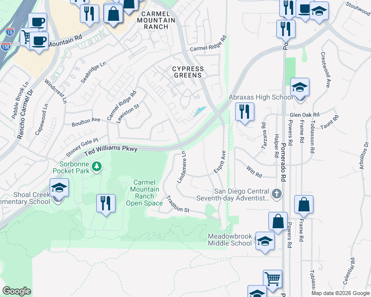 map of restaurants, bars, coffee shops, grocery stores, and more near 13795 Lindamere Lane in San Diego