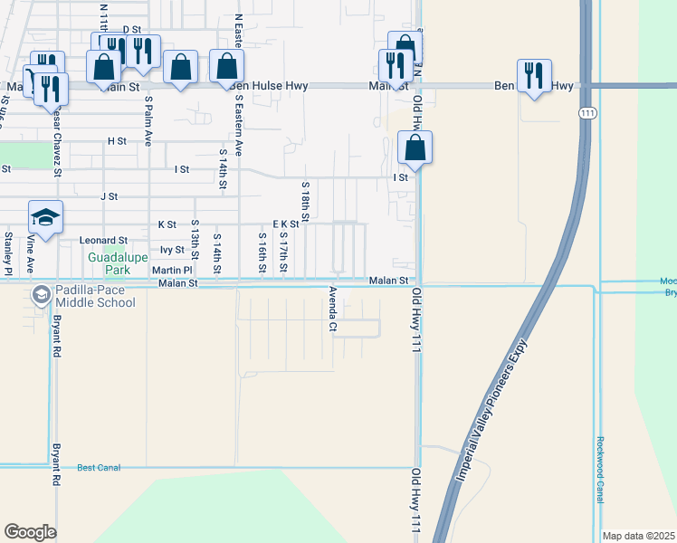 map of restaurants, bars, coffee shops, grocery stores, and more near Tres Palmas Lane in Brawley