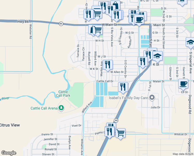 map of restaurants, bars, coffee shops, grocery stores, and more near 688 Russell Road in Brawley