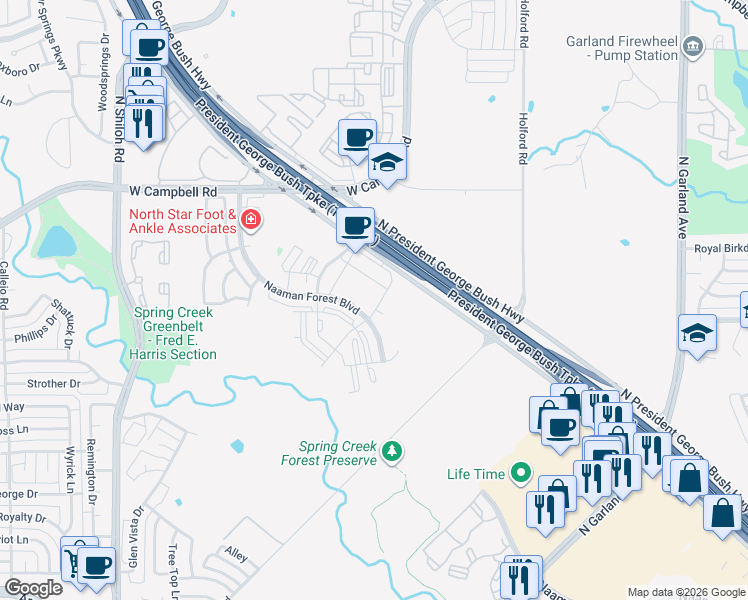 map of restaurants, bars, coffee shops, grocery stores, and more near 6305 North President George Bush Highway in Garland