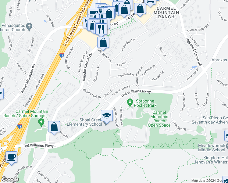 map of restaurants, bars, coffee shops, grocery stores, and more near 14104 Stoney Gate Place in San Diego