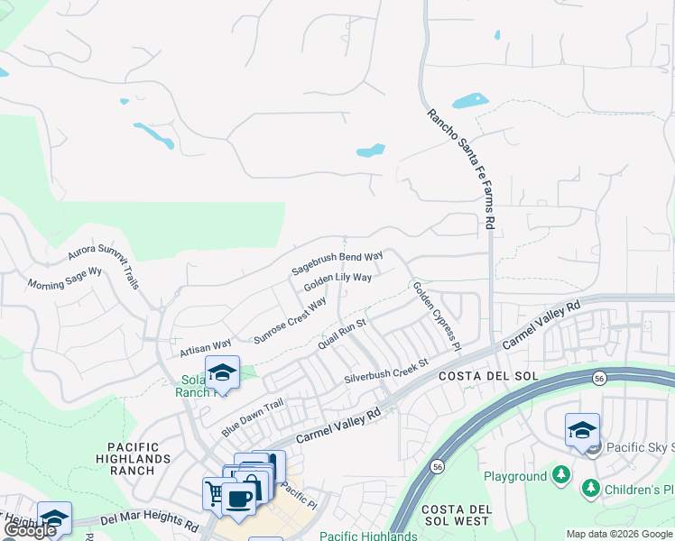 map of restaurants, bars, coffee shops, grocery stores, and more near 6293 Sagebrush Bend Way in San Diego