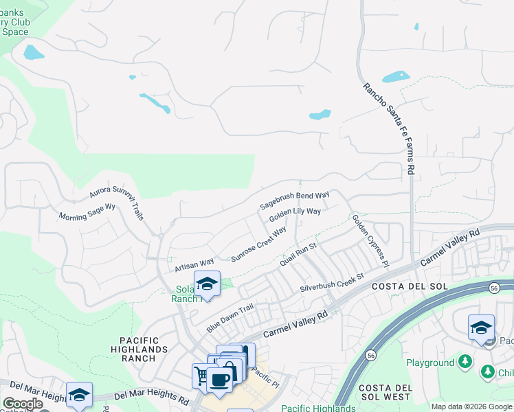 map of restaurants, bars, coffee shops, grocery stores, and more near 6262 Sagebrush Bend Way in San Diego