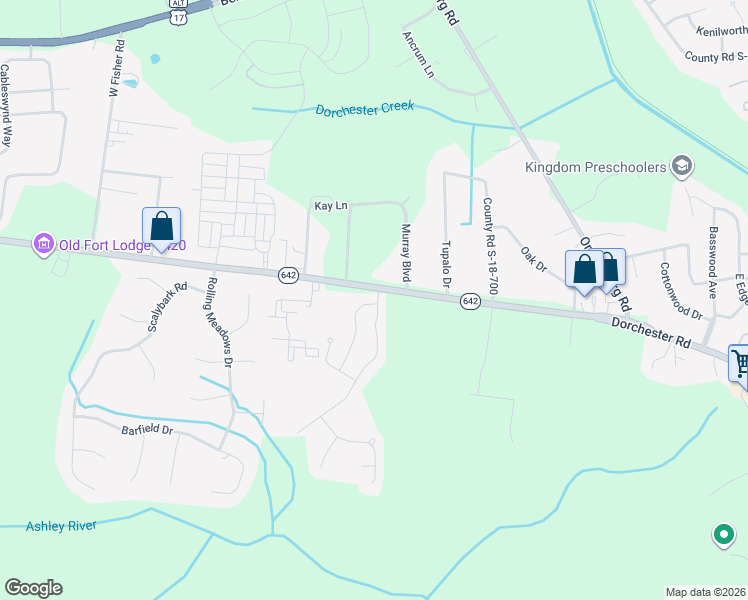 map of restaurants, bars, coffee shops, grocery stores, and more near 99 Ashley Bluffs Road in Summerville