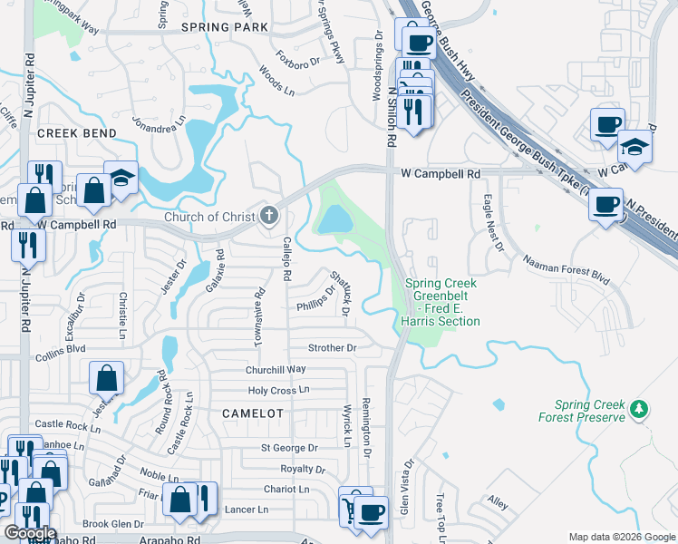 map of restaurants, bars, coffee shops, grocery stores, and more near 6210 Shattuck Drive in Garland