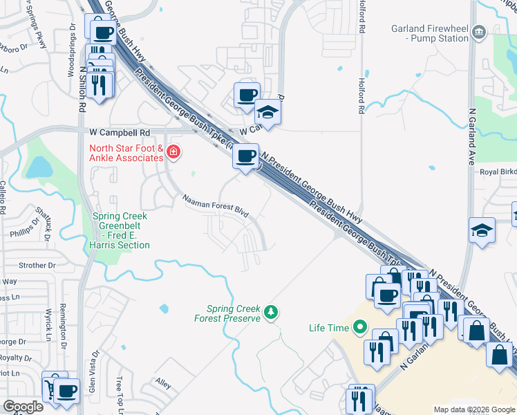 map of restaurants, bars, coffee shops, grocery stores, and more near 6305 North President George Bush Highway in Garland