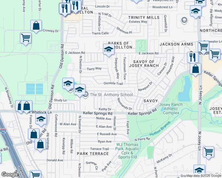 map of restaurants, bars, coffee shops, grocery stores, and more near 1201 Jeanette Way in Carrollton