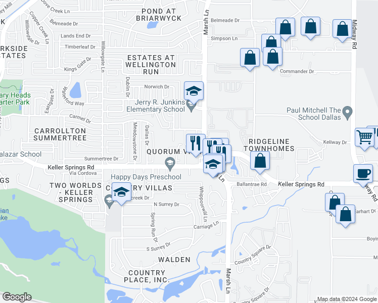 map of restaurants, bars, coffee shops, grocery stores, and more near 2221 Marsh Lane in Carrollton