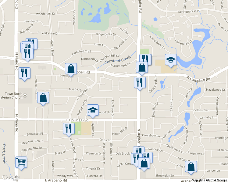 map of restaurants, bars, coffee shops, grocery stores, and more near 1800 Forest Meadow Lane in Richardson