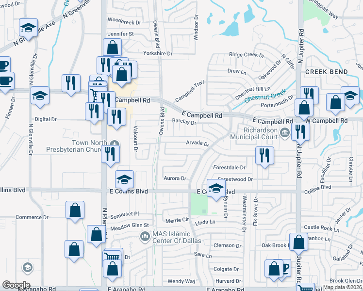 map of restaurants, bars, coffee shops, grocery stores, and more near 1702 Arvada Drive in Richardson