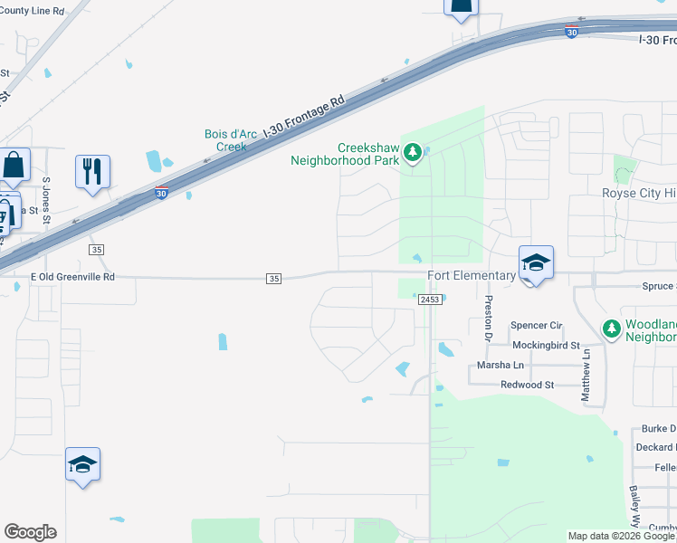 map of restaurants, bars, coffee shops, grocery stores, and more near 1816 Farm to Market 35 in Royse City