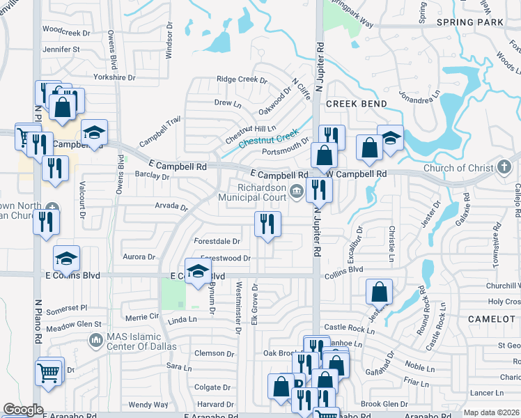 map of restaurants, bars, coffee shops, grocery stores, and more near 1800 Forest Meadow Lane in Richardson