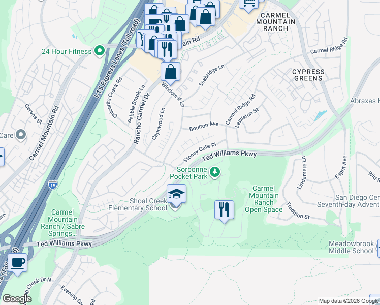 map of restaurants, bars, coffee shops, grocery stores, and more near 14112 Stoney Gate Place in San Diego