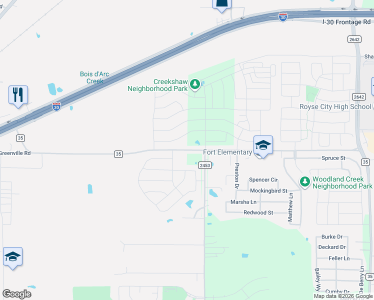 map of restaurants, bars, coffee shops, grocery stores, and more near Farm to Market 35 in Royse City