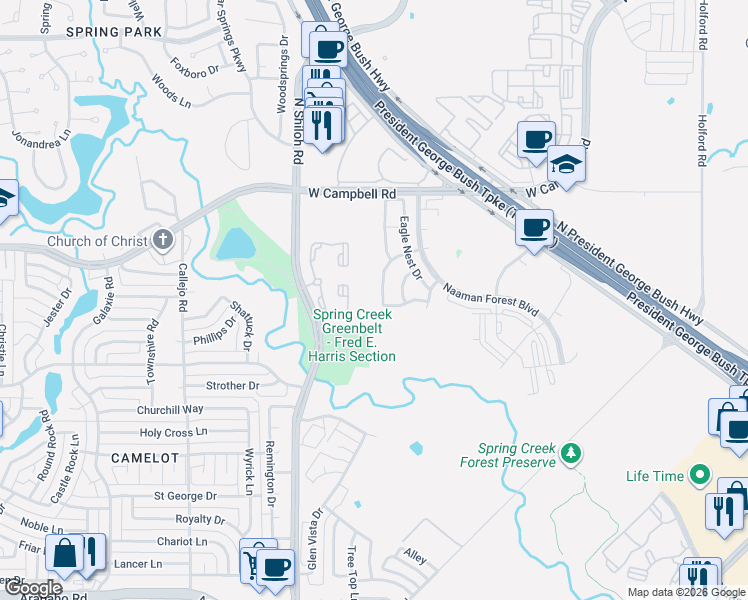 map of restaurants, bars, coffee shops, grocery stores, and more near 6112 Shoal Creek Trail in Garland