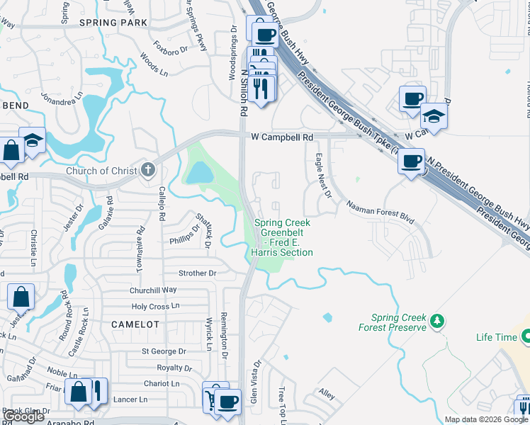 map of restaurants, bars, coffee shops, grocery stores, and more near 6134 North Shiloh Road in Garland