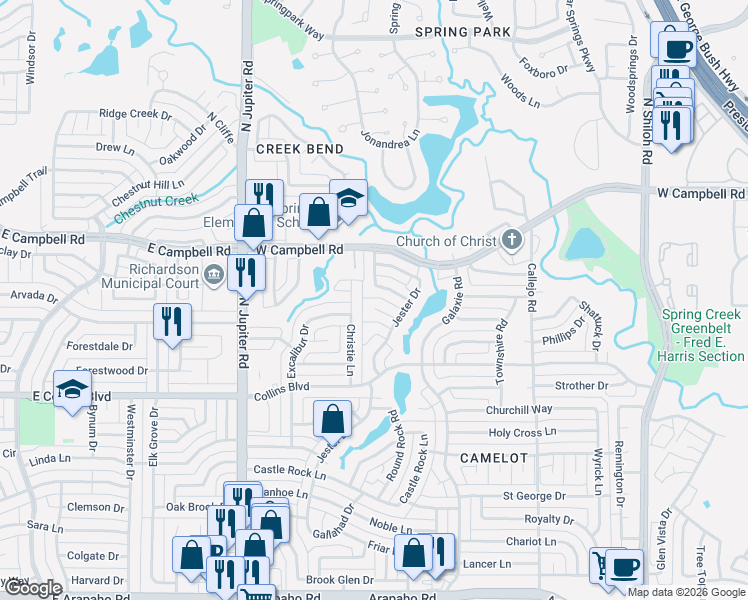 map of restaurants, bars, coffee shops, grocery stores, and more near 3118 Royal Coach Way in Garland