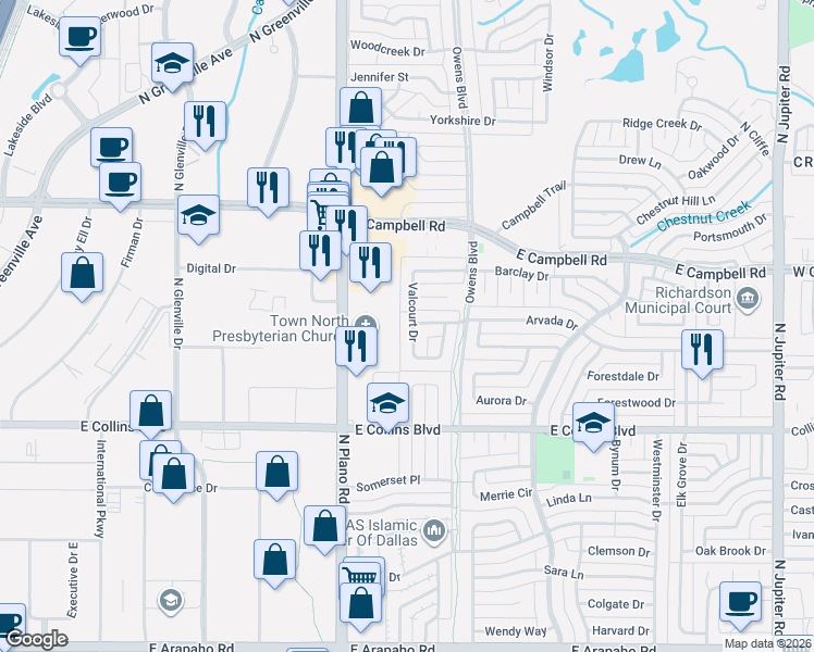 map of restaurants, bars, coffee shops, grocery stores, and more near 1801 Valcourt Drive in Richardson