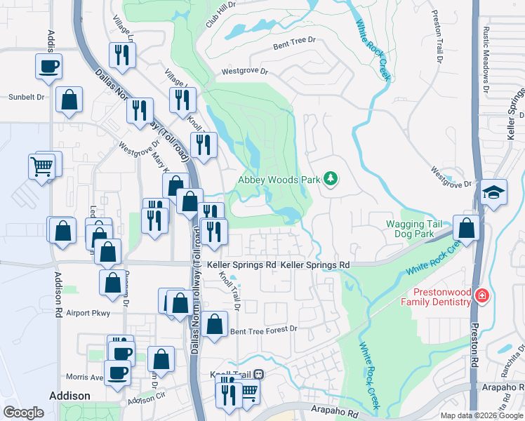 map of restaurants, bars, coffee shops, grocery stores, and more near 5918 Bent Trail in Dallas