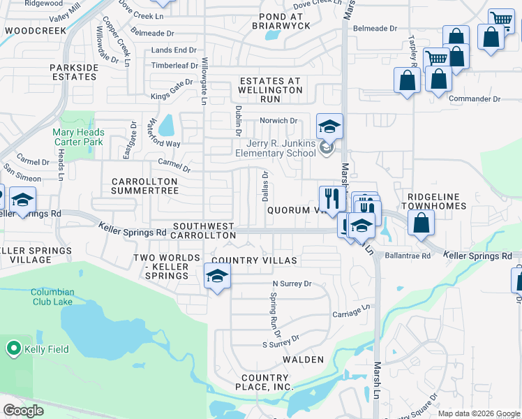 map of restaurants, bars, coffee shops, grocery stores, and more near 2221 Dallas Drive in Carrollton