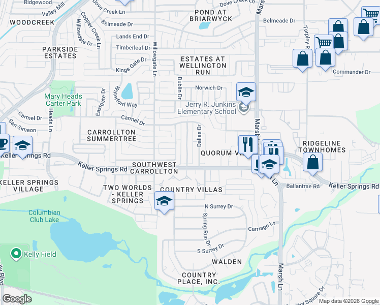 map of restaurants, bars, coffee shops, grocery stores, and more near 2221 Dallas Drive in Carrollton