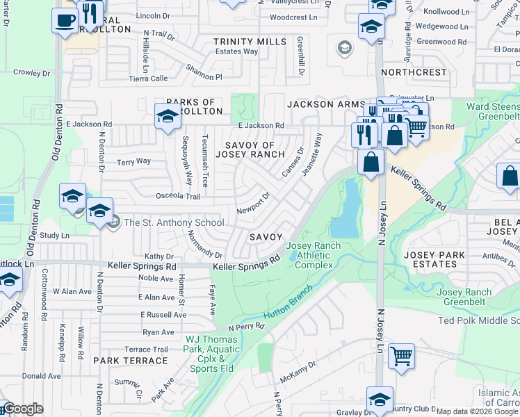 map of restaurants, bars, coffee shops, grocery stores, and more near 1314 Newport Drive in Carrollton