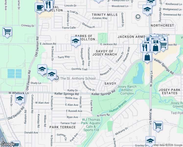 map of restaurants, bars, coffee shops, grocery stores, and more near 1200 Osceola Trail in Carrollton