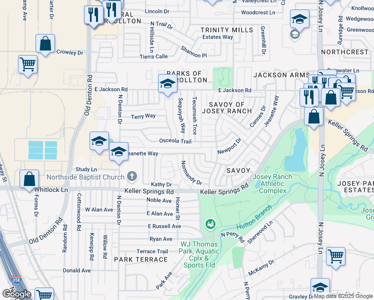 map of restaurants, bars, coffee shops, grocery stores, and more near 1112 Osceola Trail in Carrollton