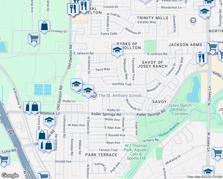 map of restaurants, bars, coffee shops, grocery stores, and more near 1028 Osceola Trail in Carrollton