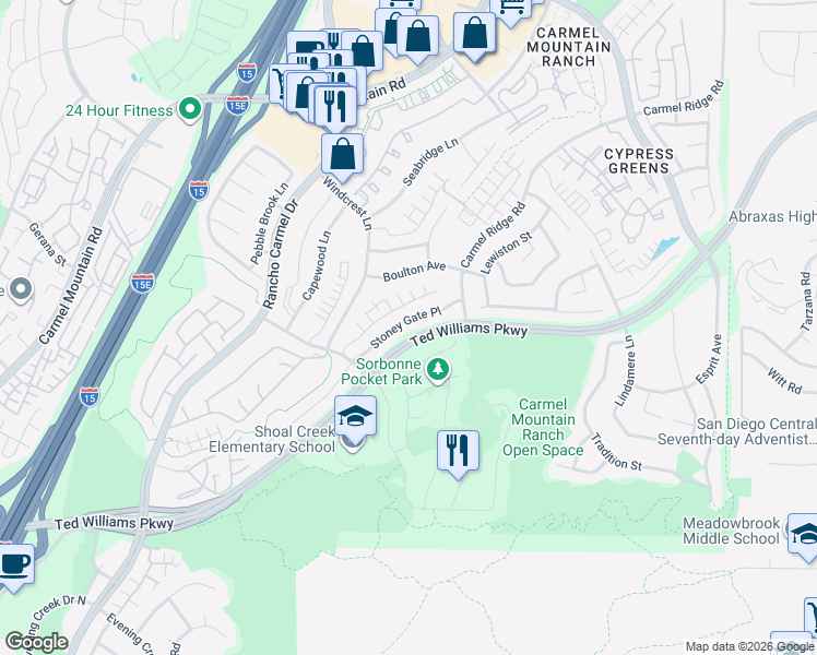 map of restaurants, bars, coffee shops, grocery stores, and more near 14161 Stoney Gate Place in San Diego