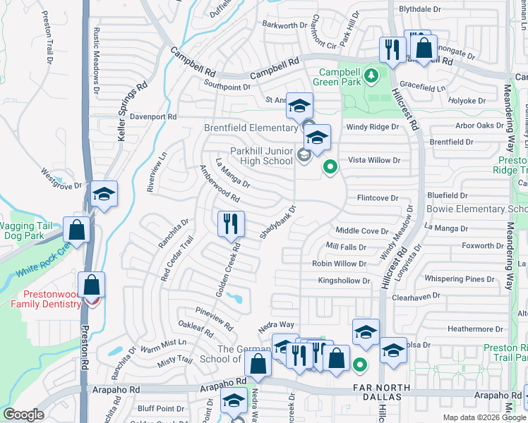 map of restaurants, bars, coffee shops, grocery stores, and more near 16127 Amberwood Road in Dallas