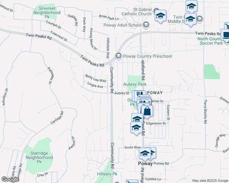 map of restaurants, bars, coffee shops, grocery stores, and more near 13406 Aubrey Street in Poway