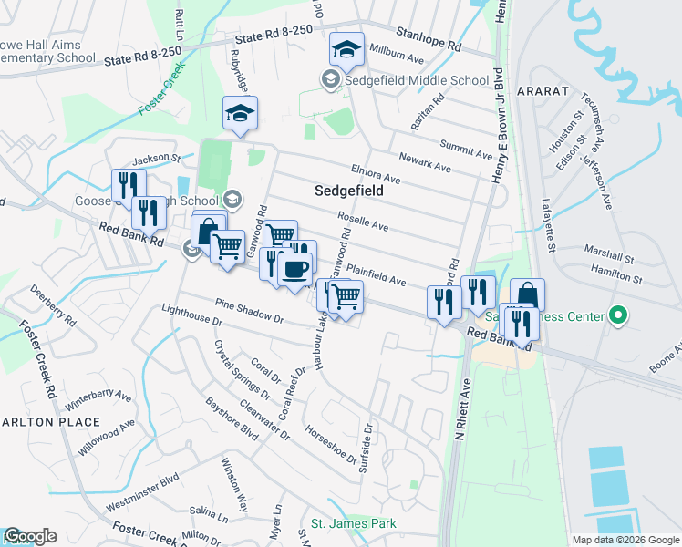 map of restaurants, bars, coffee shops, grocery stores, and more near 37 Plainfield Avenue in Goose Creek