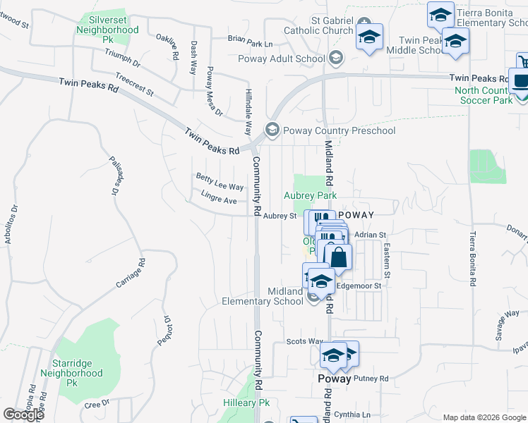 map of restaurants, bars, coffee shops, grocery stores, and more near 13406 Aubrey Street in Poway