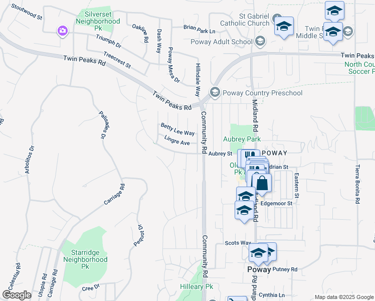 map of restaurants, bars, coffee shops, grocery stores, and more near 13334 Aubrey Street in Poway
