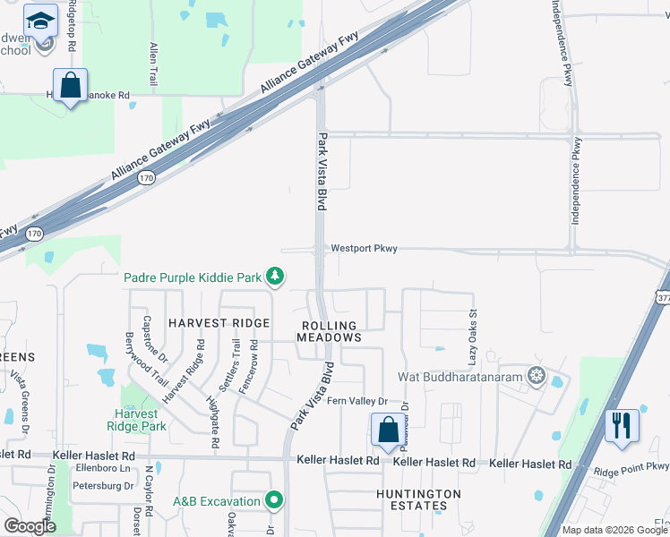 map of restaurants, bars, coffee shops, grocery stores, and more near 4500 Westport Parkway in Fort Worth