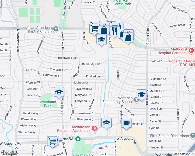map of restaurants, bars, coffee shops, grocery stores, and more near 633 Kindred Lane in Richardson
