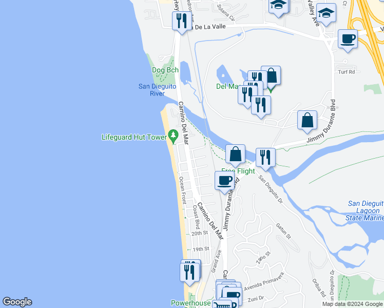 map of restaurants, bars, coffee shops, grocery stores, and more near 2705 Camino Del Mar in Del Mar