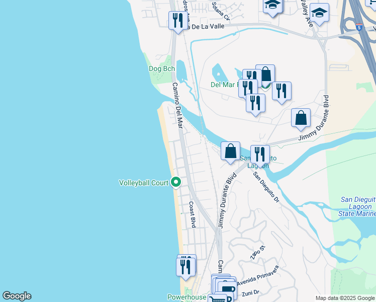 map of restaurants, bars, coffee shops, grocery stores, and more near 2723 Camino Del Mar in Del Mar