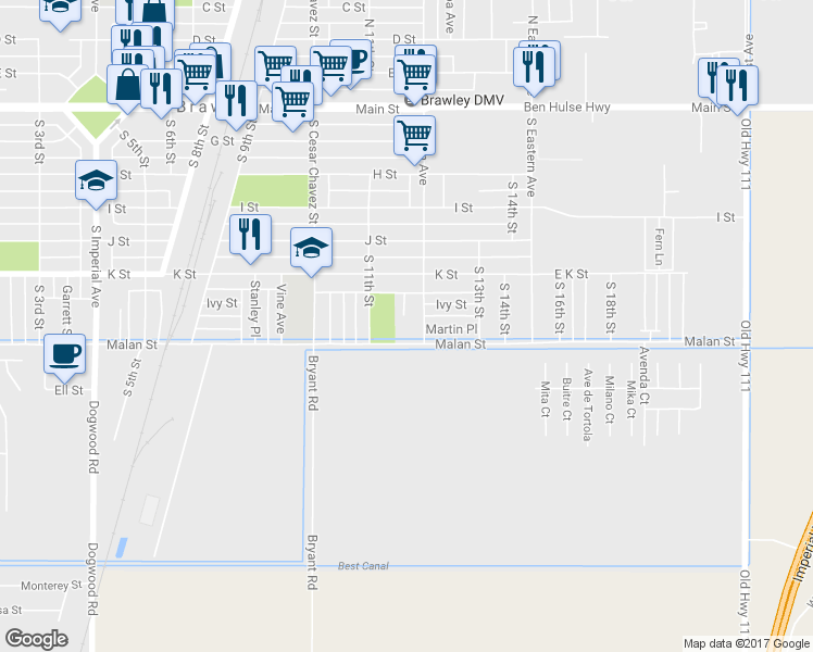 map of restaurants, bars, coffee shops, grocery stores, and more near 675 South Palm Avenue in Brawley